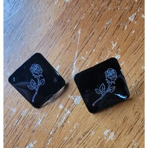 Vintage-1960's Black Metal w/White Rose Design Stud Earrings